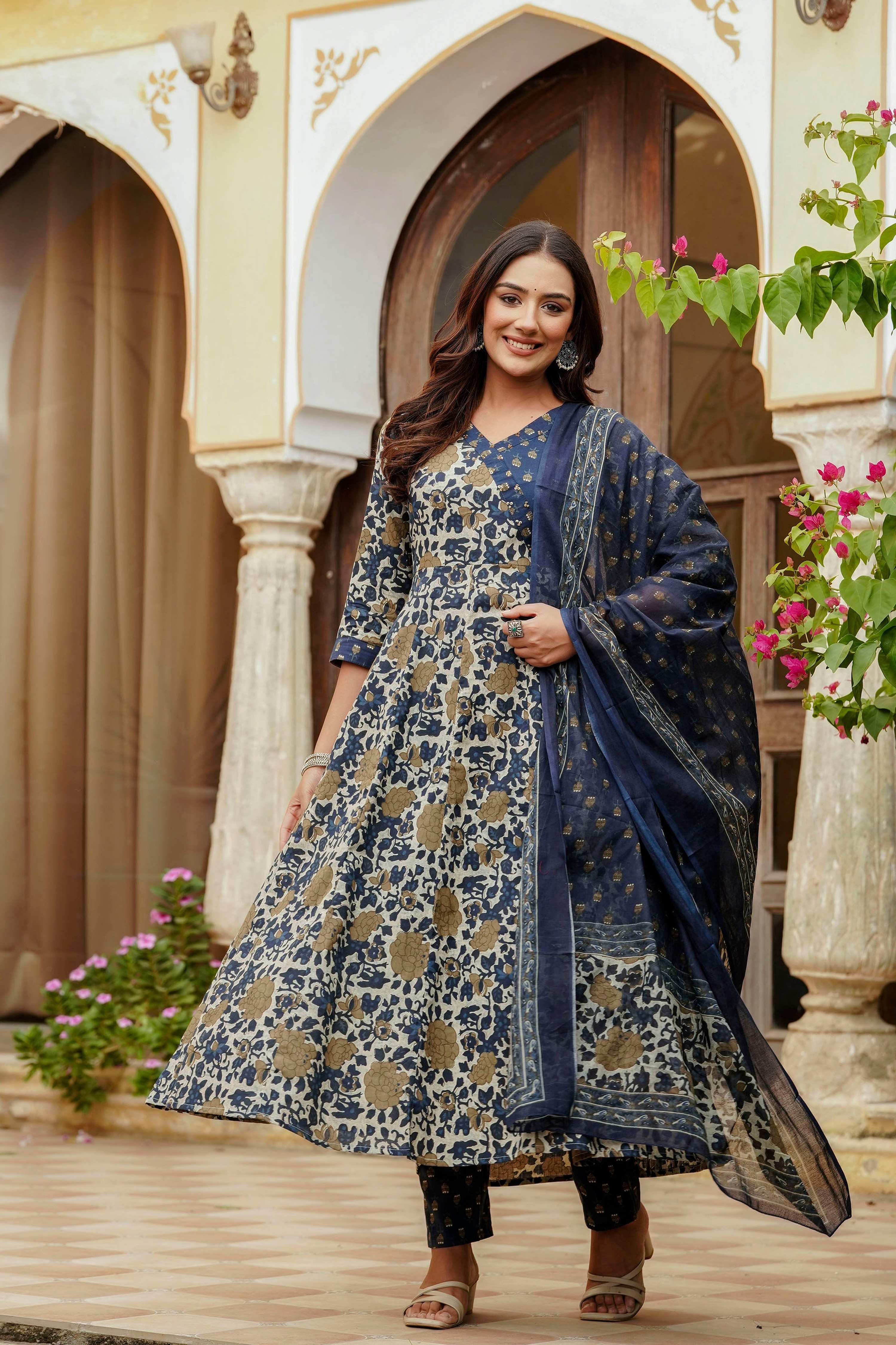 Embroidered & Floral Printed Angarkha Style Kurta With Matching Pant & Dupatta, Blue - Hiral Fashion | Grocsy