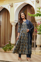 Embroidered & Floral Printed Angarkha Style Kurta With Matching Pant & Dupatta, Blue - Hiral Fashion | Grocsy