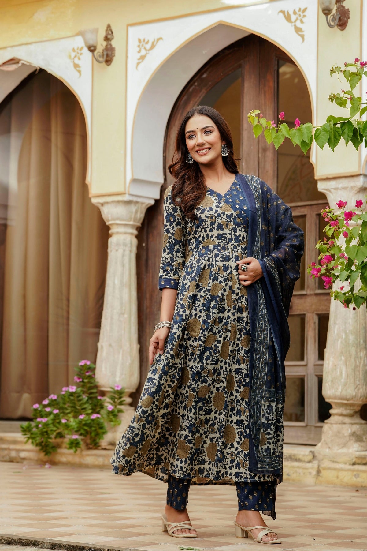 Embroidered & Floral Printed Angarkha Style Kurta With Matching Pant & Dupatta, Blue - Hiral Fashion | Grocsy