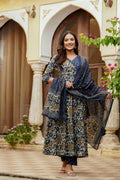 Embroidered & Floral Printed Angarkha Style Kurta With Matching Pant & Dupatta, Blue - Hiral Fashion | Grocsy