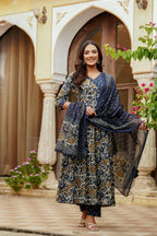 Embroidered & Floral Printed Angarkha Style Kurta With Matching Pant & Dupatta, Blue - Hiral Fashion | Grocsy