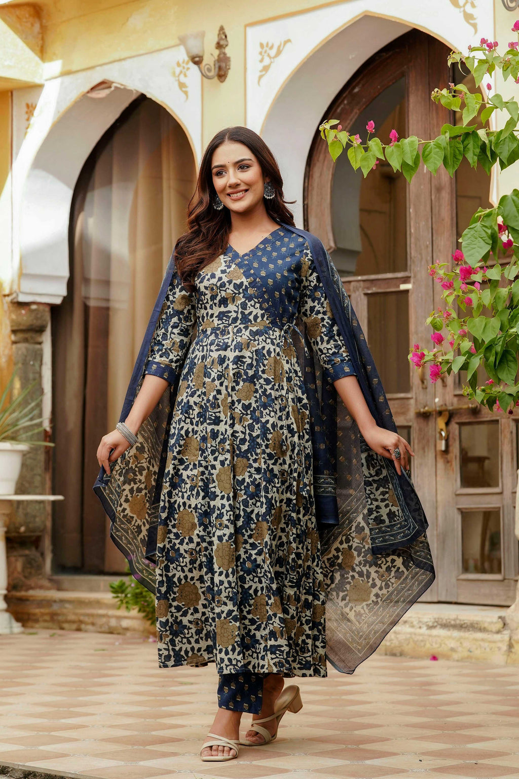 Embroidered & Floral Printed Angarkha Style Kurta With Matching Pant & Dupatta, Blue - Hiral Fashion | Grocsy