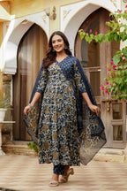 Embroidered & Floral Printed Angarkha Style Kurta With Matching Pant & Dupatta, Blue - Hiral Fashion | Grocsy