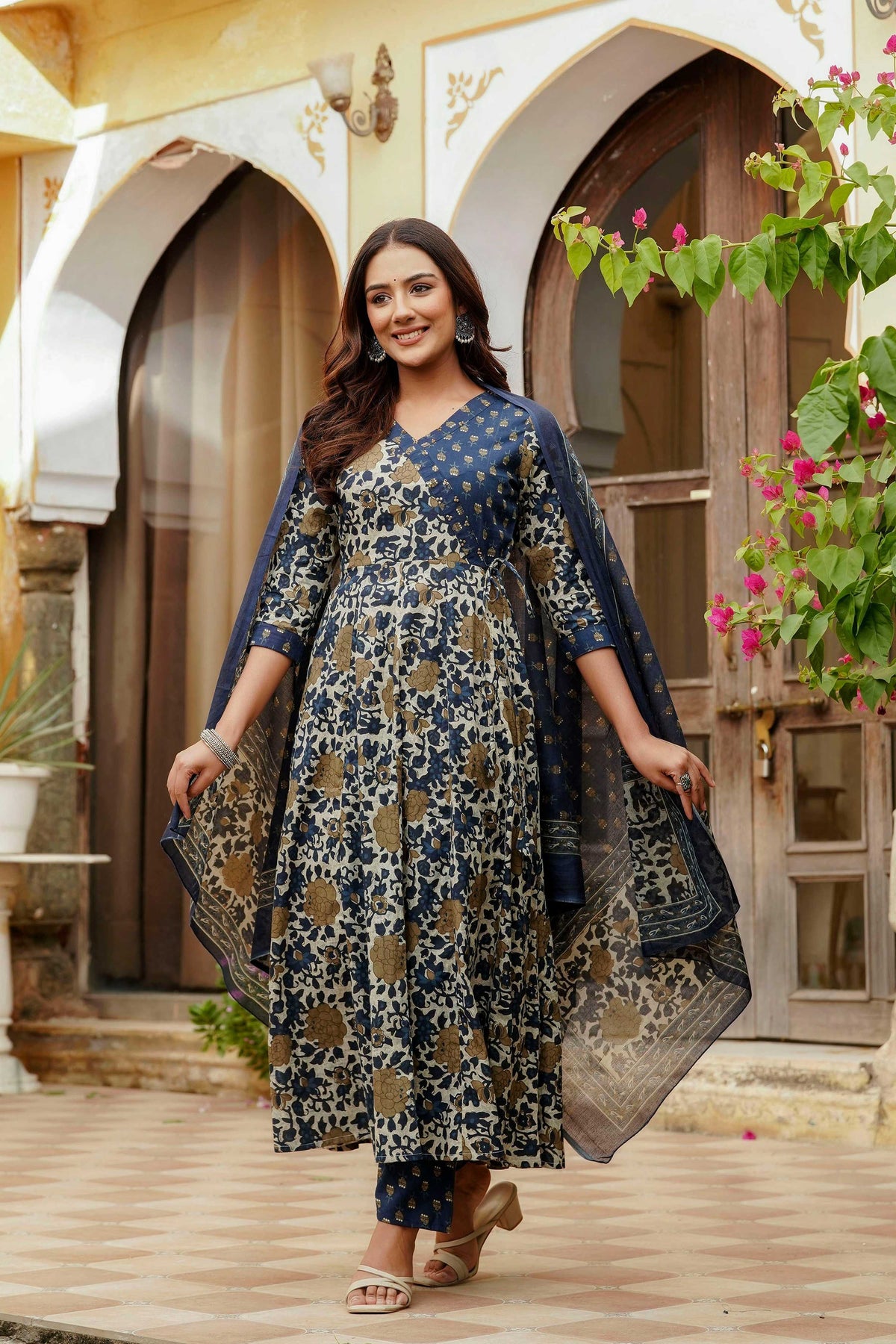 Embroidered & Floral Printed Angarkha Style Kurta With Matching Pant & Dupatta, Blue - Hiral Fashion | Grocsy