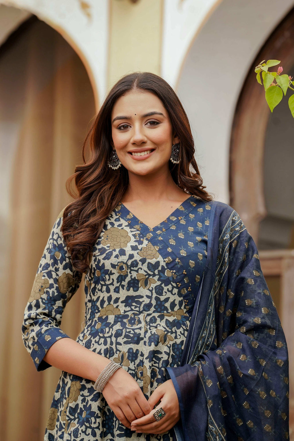 Embroidered & Floral Printed Angarkha Style Kurta With Matching Pant & Dupatta, Blue - Hiral Fashion | Grocsy