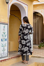 Floral Printed Kurta With Pant & Stripe Printed Dupatta, Black - Hiral Fashion | Grocsy