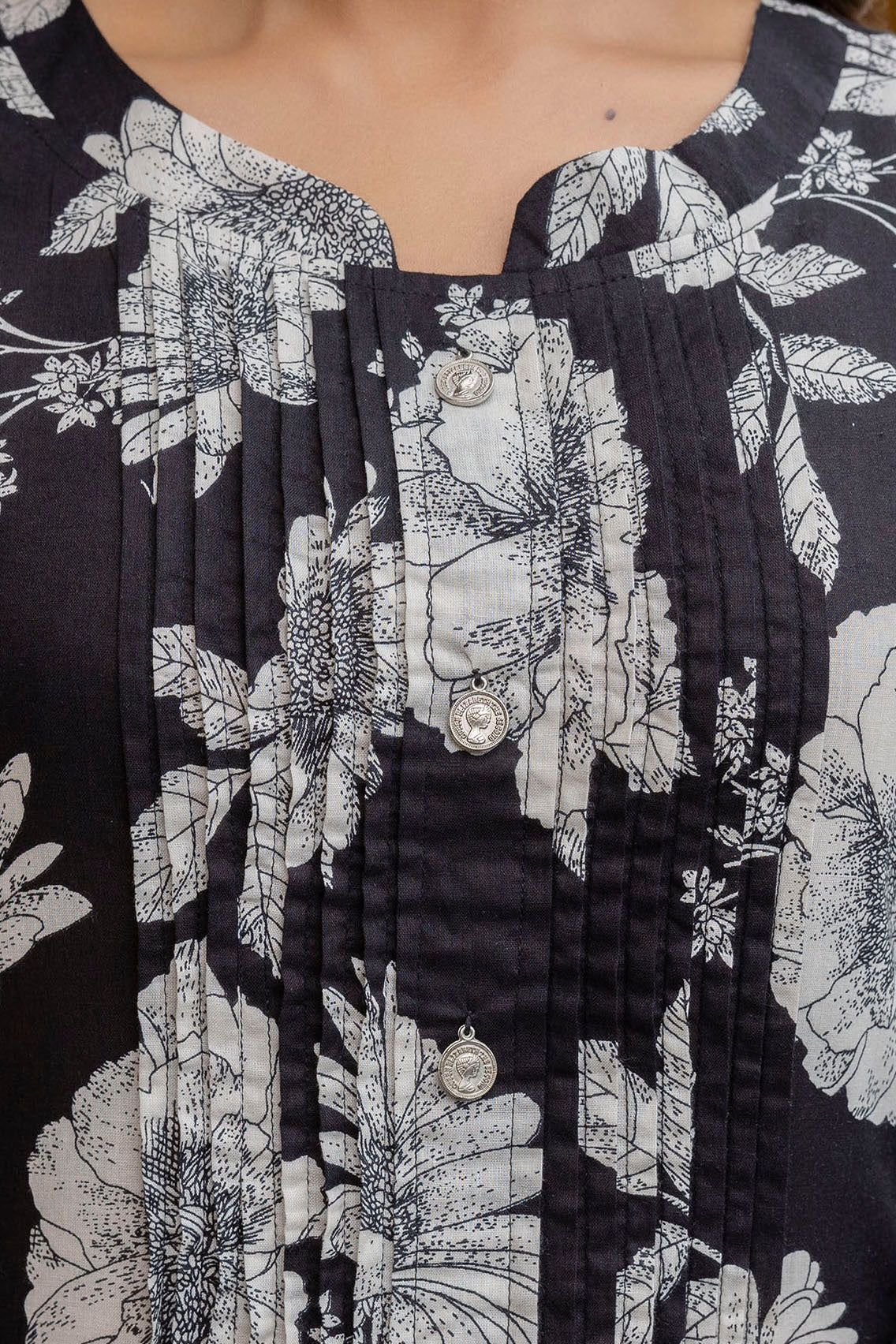 Floral Printed Kurta With Pant & Stripe Printed Dupatta, Black - Hiral Fashion | Grocsy