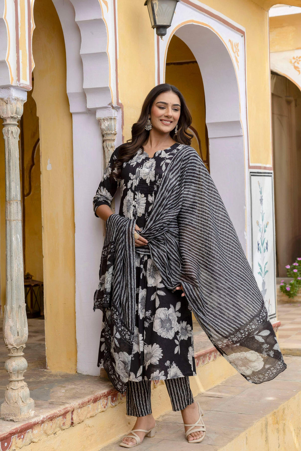 Floral Printed Kurta With Pant & Stripe Printed Dupatta, Black - Hiral Fashion | Grocsy