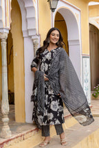Floral Printed Kurta With Pant & Stripe Printed Dupatta, Black - Hiral Fashion | Grocsy