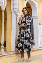 Floral Printed Kurta With Pant & Stripe Printed Dupatta, Black - Hiral Fashion | Grocsy