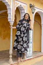 Floral Printed Kurta With Pant & Stripe Printed Dupatta, Black - Hiral Fashion | Grocsy