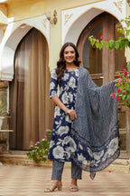 Floral Printed Kurta With Pant & Stripe Printed Dupatta, Blue - Hiral Fashion | Grocsy
