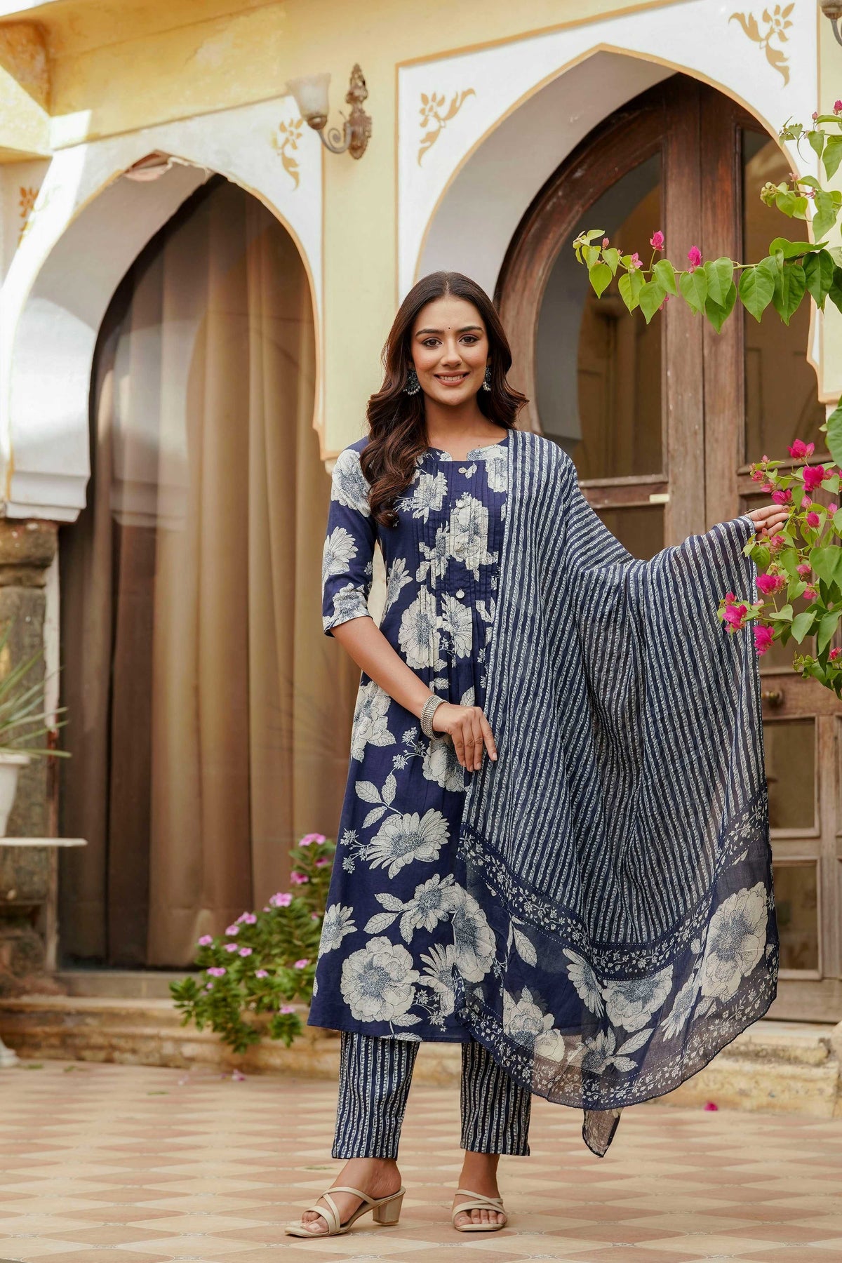 Floral Printed Kurta With Pant & Stripe Printed Dupatta, Blue - Hiral Fashion | Grocsy