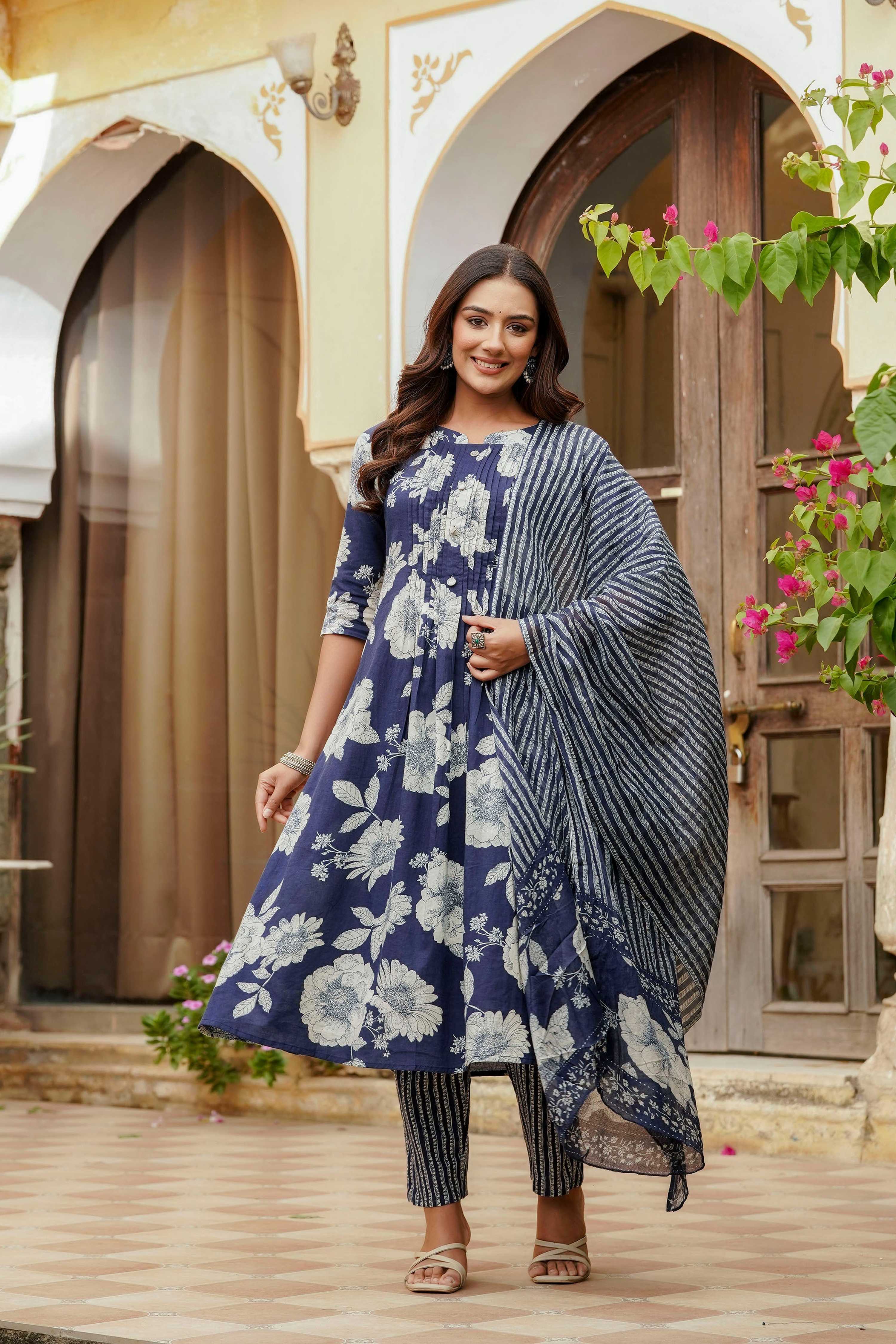 Floral Printed Kurta With Pant & Stripe Printed Dupatta, Blue - Hiral Fashion | Grocsy