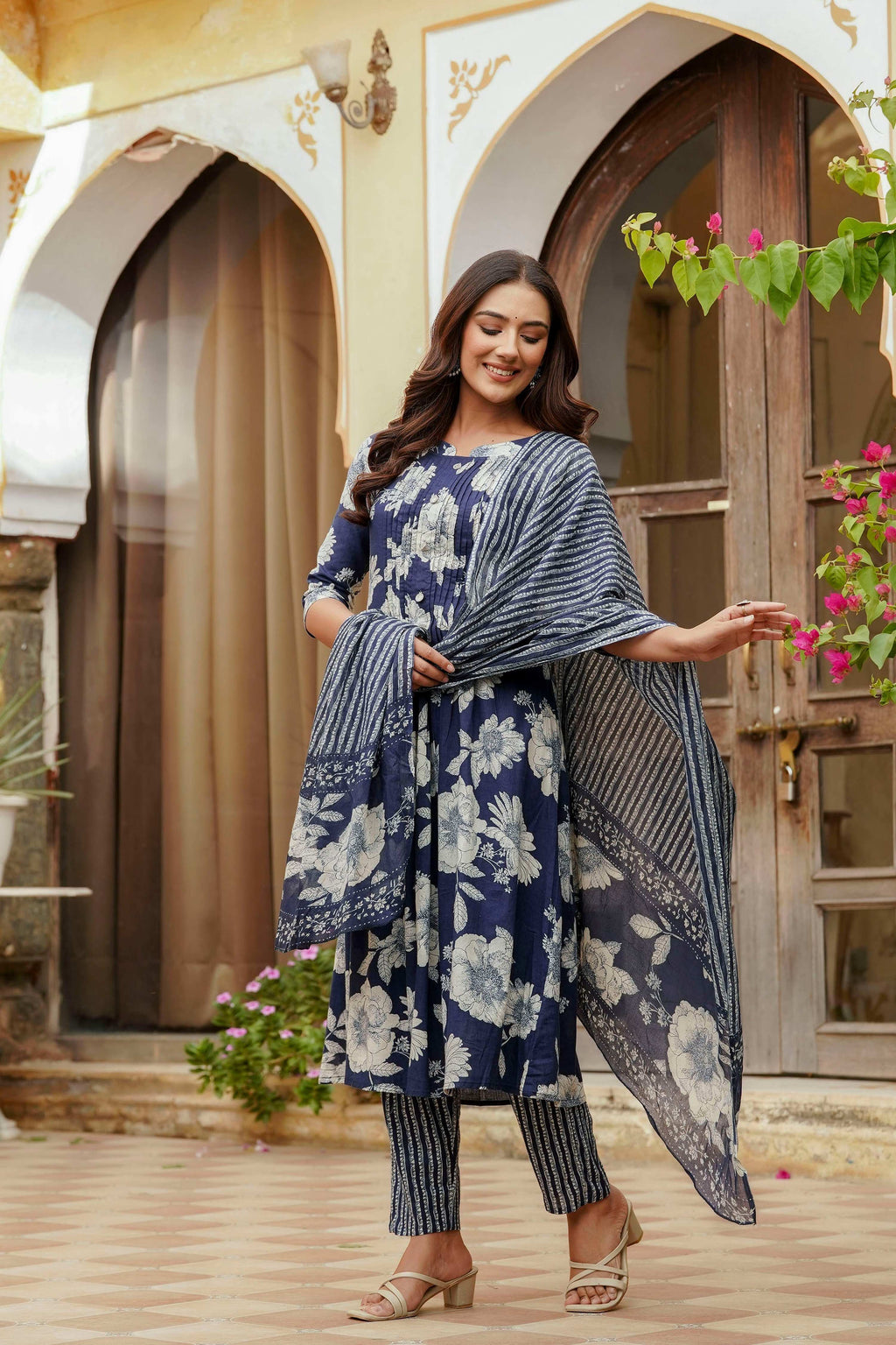 Floral Printed Kurta With Pant & Stripe Printed Dupatta, Blue - Hiral Fashion | Grocsy