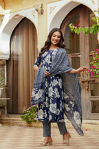 Floral Printed Kurta With Pant & Stripe Printed Dupatta, Blue - Hiral Fashion | Grocsy