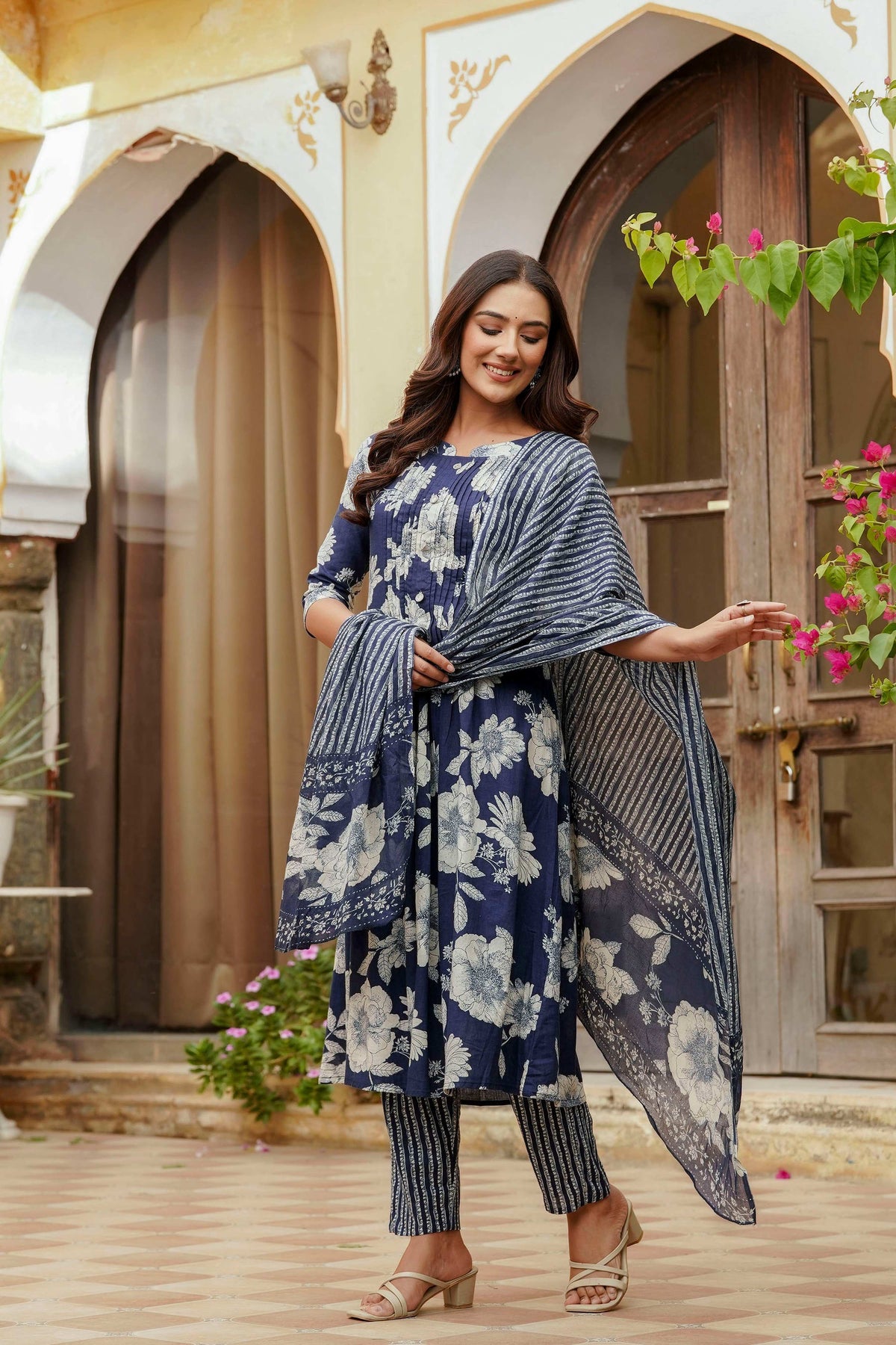 Floral Printed Kurta With Pant & Stripe Printed Dupatta, Blue - Hiral Fashion | Grocsy