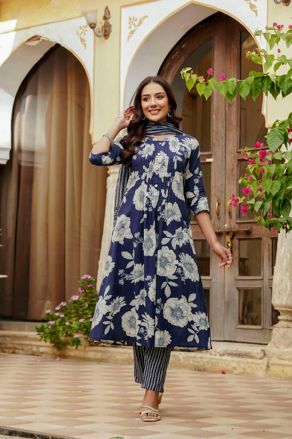 Floral Printed Kurta With Pant & Stripe Printed Dupatta, Blue - Hiral Fashion | Grocsy