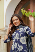 Floral Printed Kurta With Pant & Stripe Printed Dupatta, Blue - Hiral Fashion | Grocsy