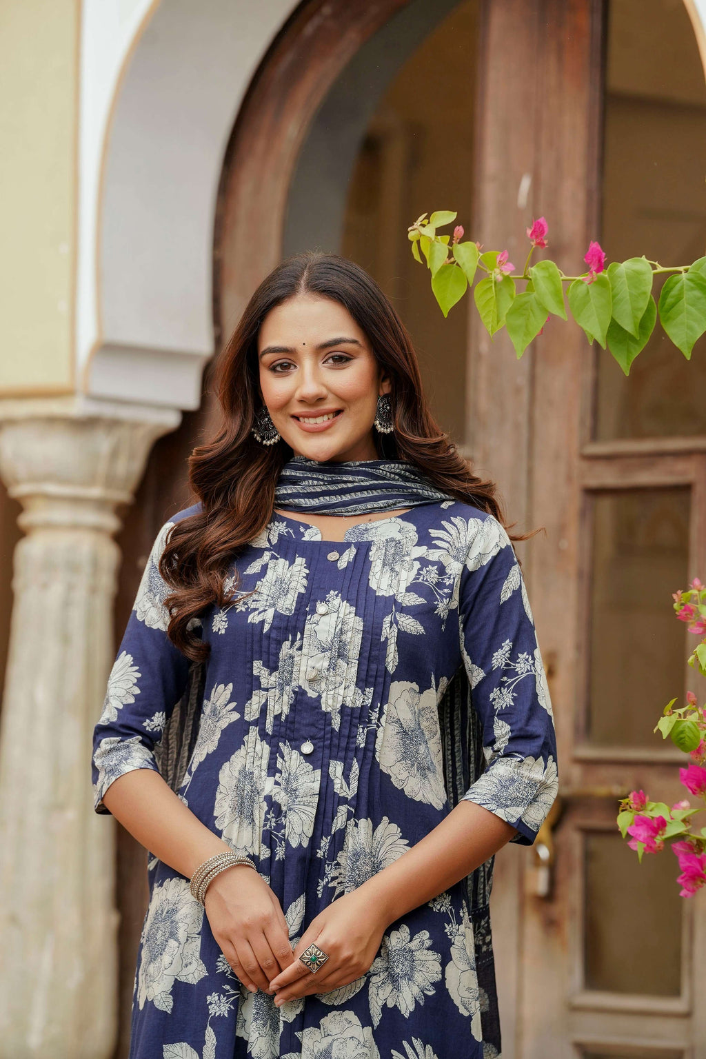 Floral Printed Kurta With Pant & Stripe Printed Dupatta, Blue - Hiral Fashion | Grocsy