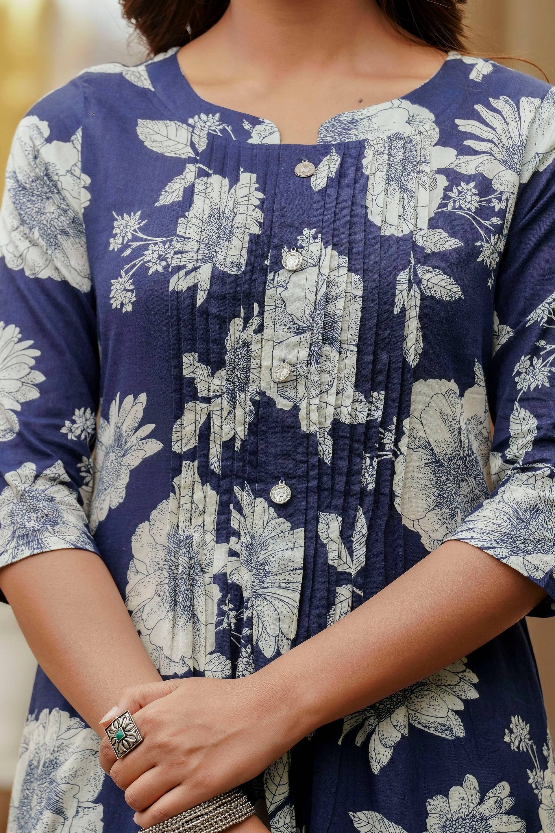 Floral Printed Kurta With Pant & Stripe Printed Dupatta, Blue - Hiral Fashion | Grocsy