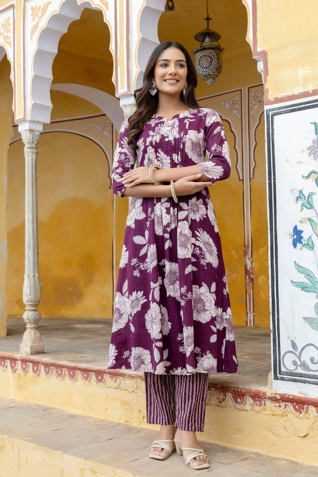 Floral Printed Kurta With Pant & Stripe Printed Dupatta, Purple - Hiral Fashion | Grocsy