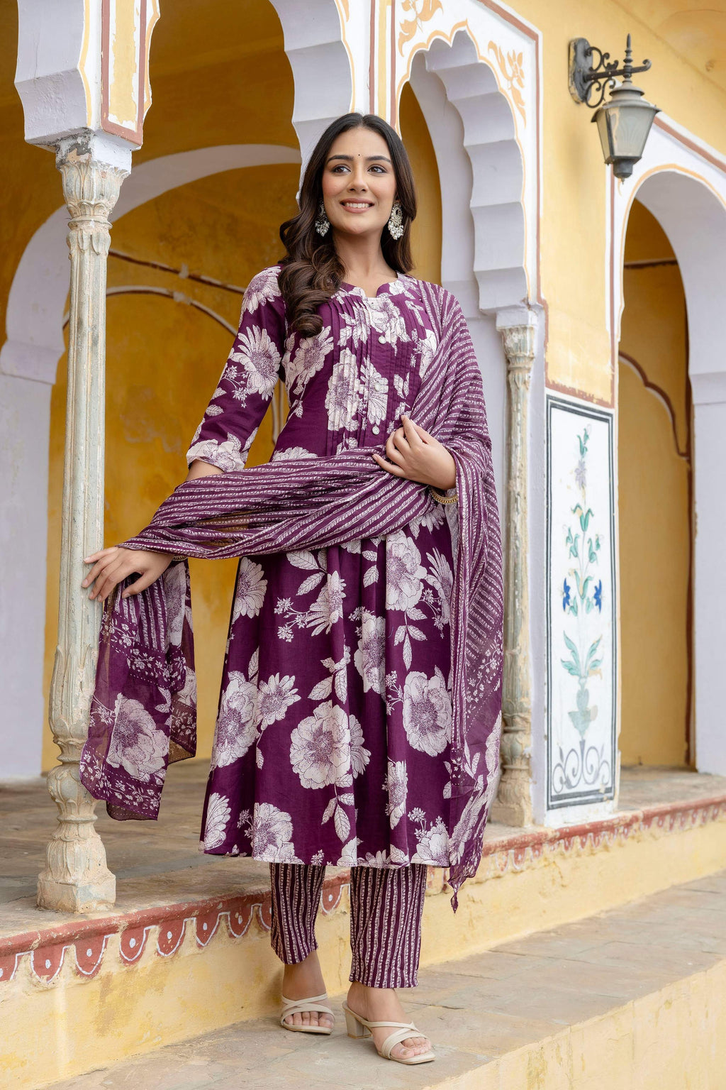 Floral Printed Kurta With Pant & Stripe Printed Dupatta, Purple - Hiral Fashion | Grocsy
