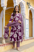 Floral Printed Kurta With Pant & Stripe Printed Dupatta, Purple - Hiral Fashion | Grocsy