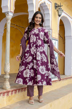 Floral Printed Kurta With Pant & Stripe Printed Dupatta, Purple - Hiral Fashion | Grocsy