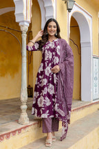 Floral Printed Kurta With Pant & Stripe Printed Dupatta, Purple - Hiral Fashion | Grocsy
