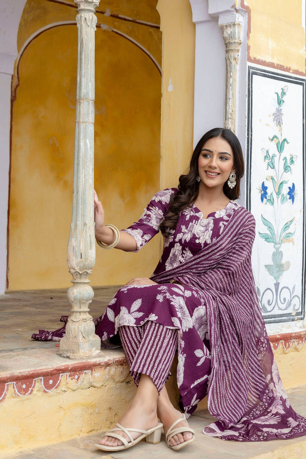 Floral Printed Kurta With Pant & Stripe Printed Dupatta, Purple - Hiral Fashion | Grocsy