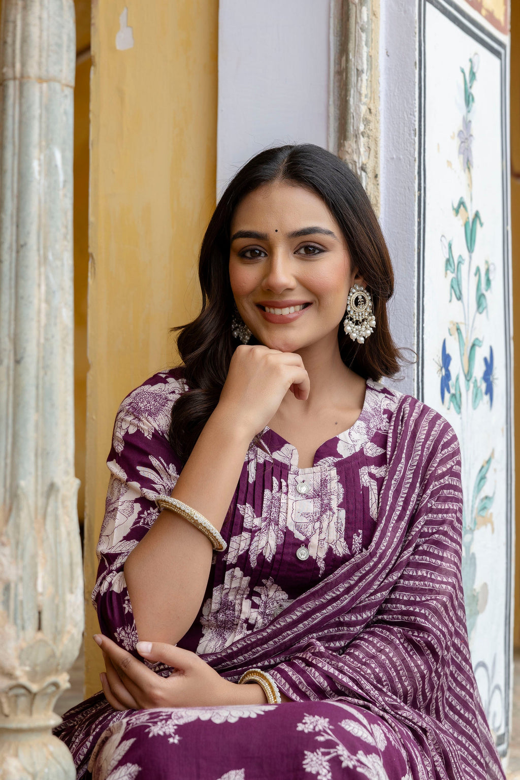 Floral Printed Kurta With Pant & Stripe Printed Dupatta, Purple - Hiral Fashion | Grocsy