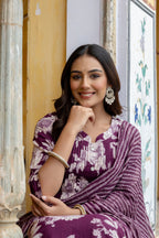 Floral Printed Kurta With Pant & Stripe Printed Dupatta, Purple - Hiral Fashion | Grocsy