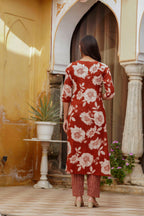 Floral Printed Kurta With Pant & Stripe Printed Dupatta, Rust - Hiral Fashion | Grocsy
