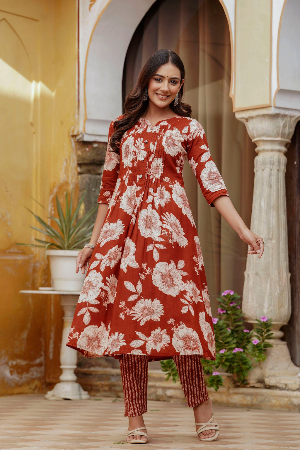 Floral Printed Kurta With Pant & Stripe Printed Dupatta, Rust - Hiral Fashion | Grocsy
