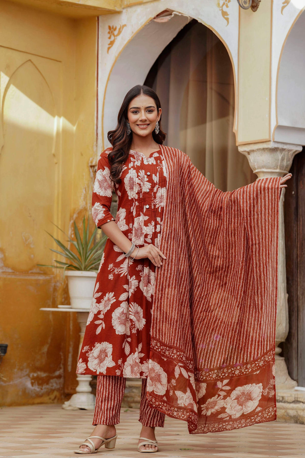 Floral Printed Kurta With Pant & Stripe Printed Dupatta, Rust - Hiral Fashion | Grocsy