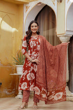 Floral Printed Kurta With Pant & Stripe Printed Dupatta, Rust - Hiral Fashion | Grocsy