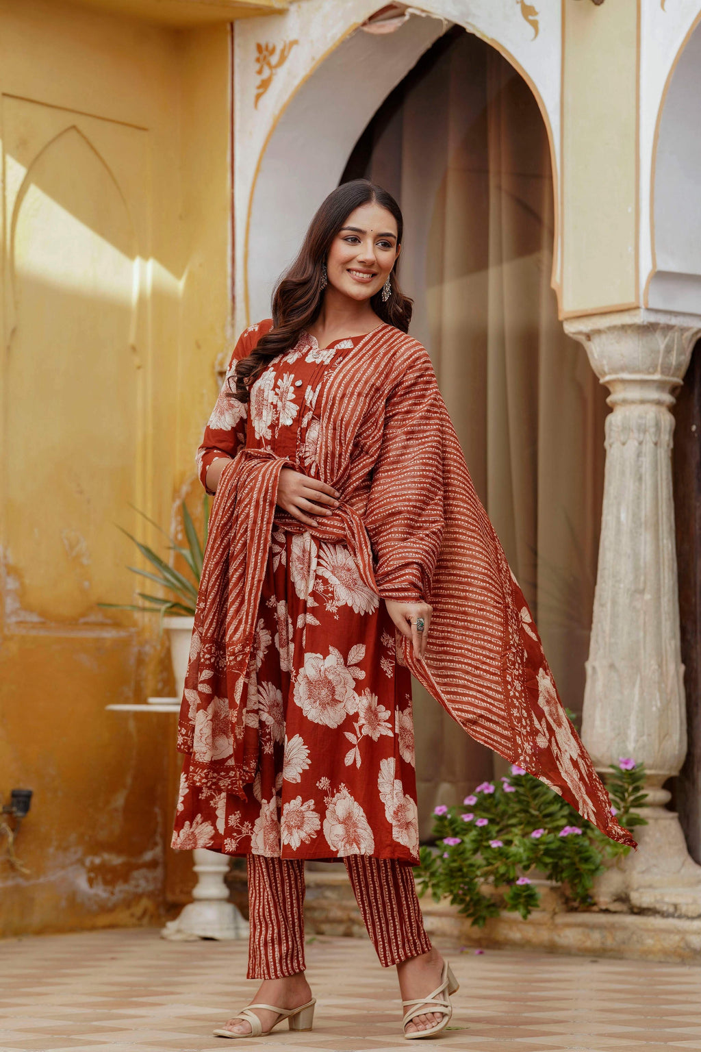 Floral Printed Kurta With Pant & Stripe Printed Dupatta, Rust - Hiral Fashion | Grocsy