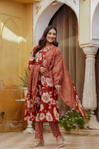 Floral Printed Kurta With Pant & Stripe Printed Dupatta, Rust - Hiral Fashion | Grocsy