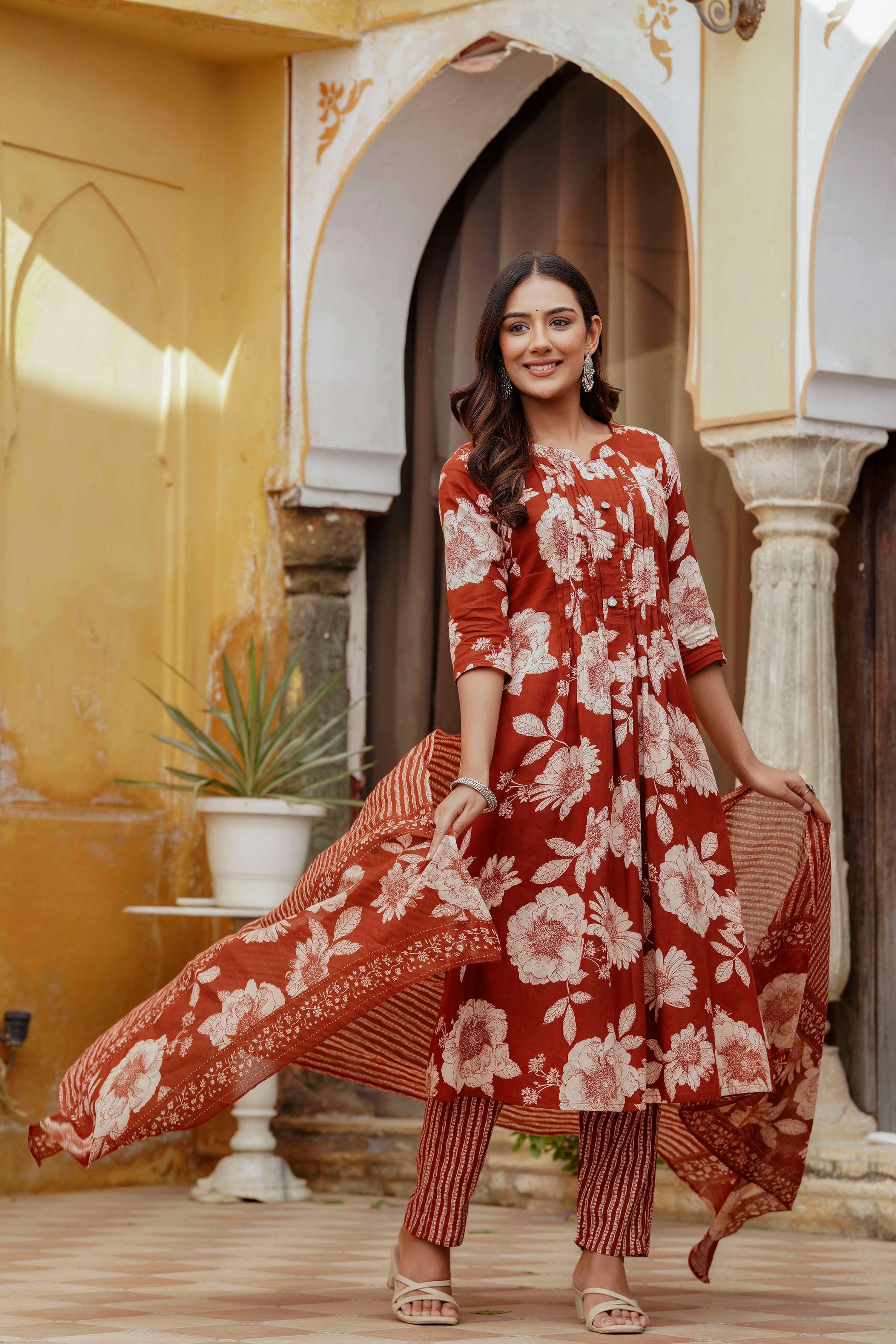 Floral Printed Kurta With Pant & Stripe Printed Dupatta, Rust - Hiral Fashion | Grocsy