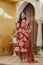 Floral Printed Kurta With Pant & Stripe Printed Dupatta, Rust - Hiral Fashion | Grocsy