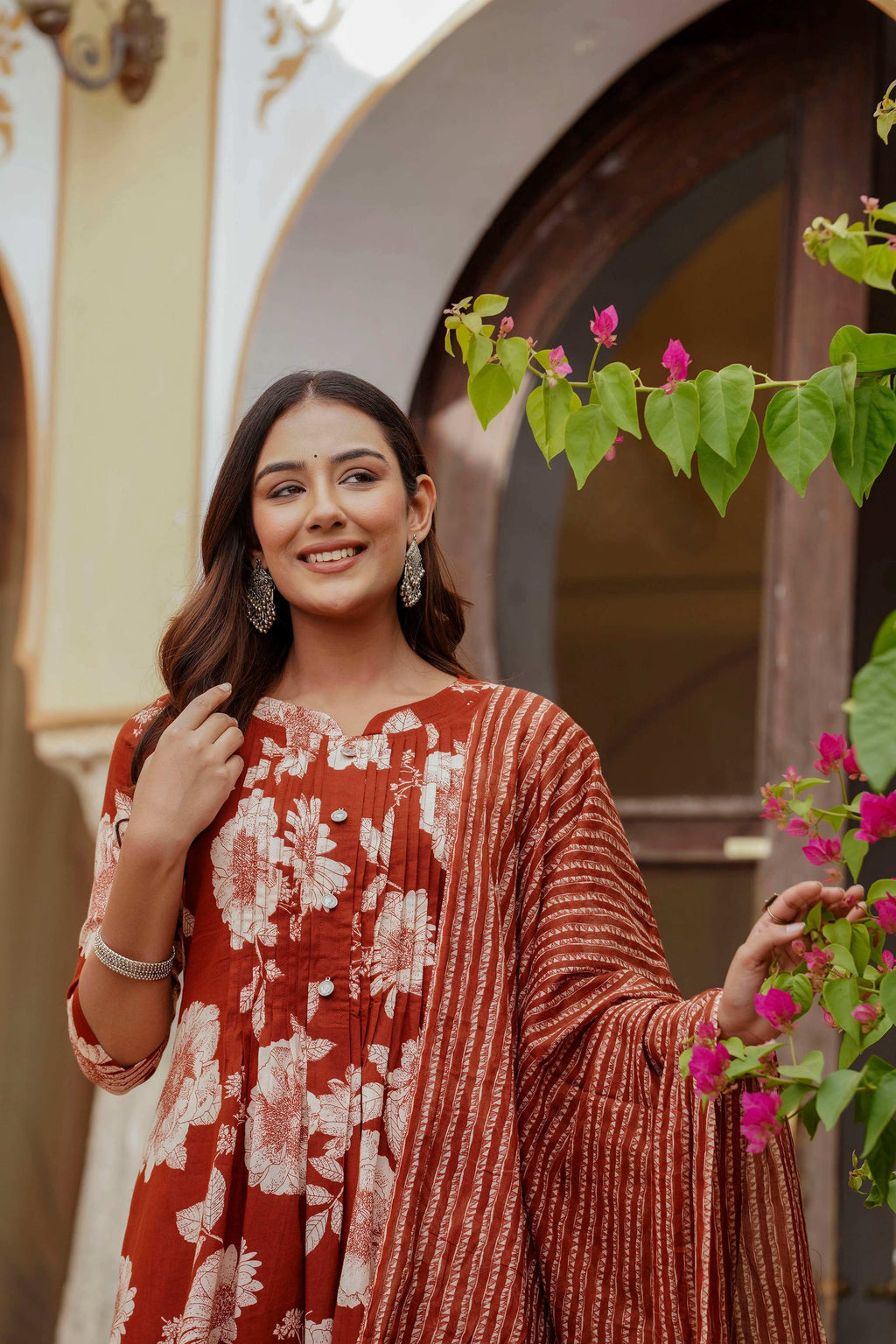 Floral Printed Kurta With Pant & Stripe Printed Dupatta, Rust - Hiral Fashion | Grocsy