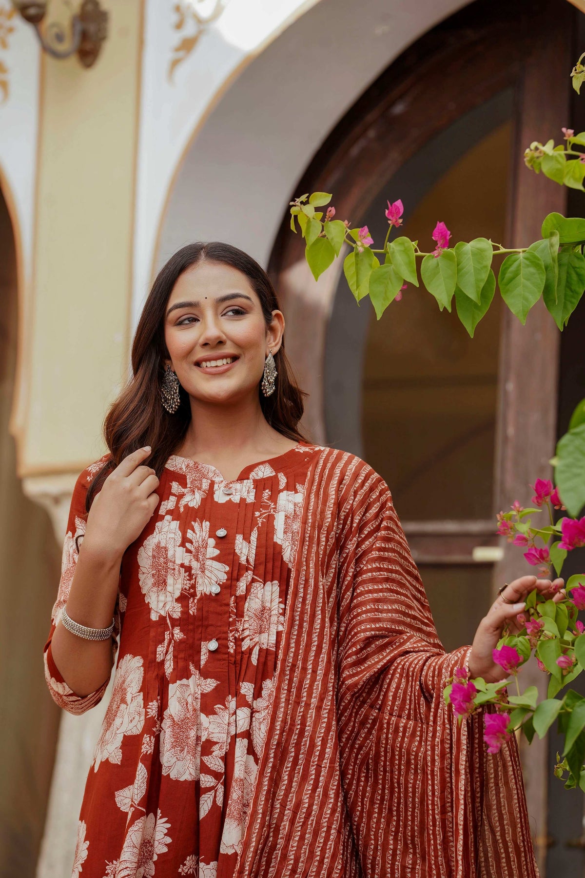 Floral Printed Kurta With Pant & Stripe Printed Dupatta, Rust - Hiral Fashion | Grocsy