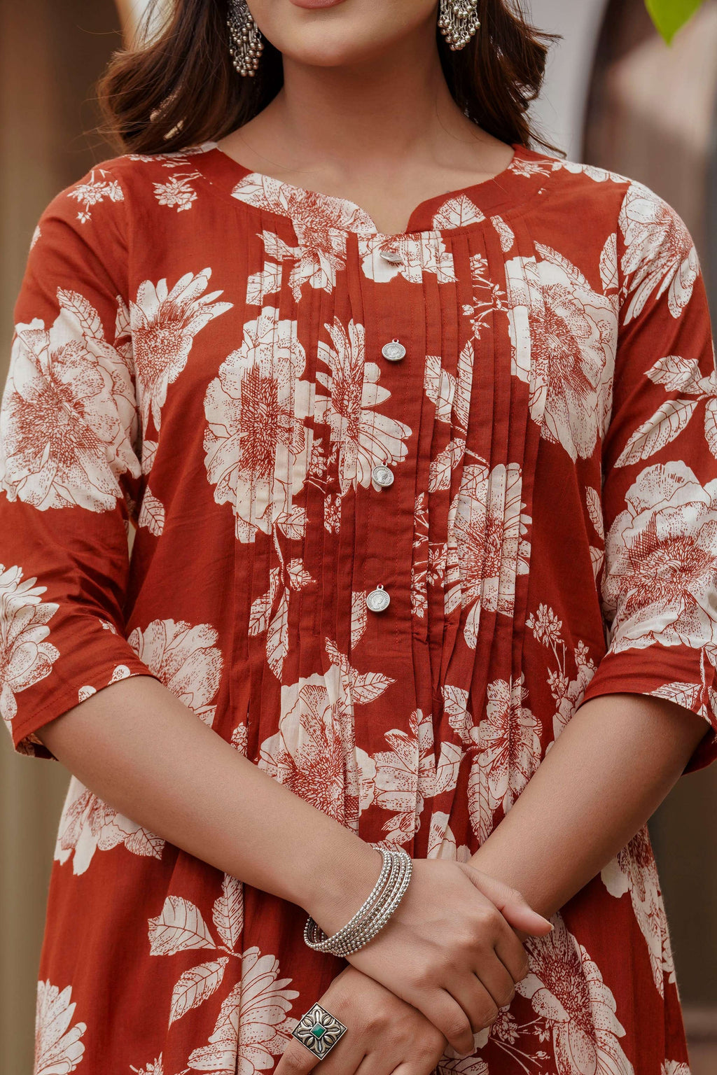 Floral Printed Kurta With Pant & Stripe Printed Dupatta, Rust - Hiral Fashion | Grocsy