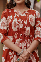 Floral Printed Kurta With Pant & Stripe Printed Dupatta, Rust - Hiral Fashion | Grocsy
