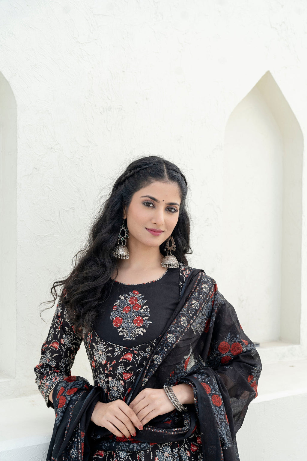 Embroidered & Floral Printed Anarkali Kurta With Pant & Dupatta, Black - Hiral Fashion | Grocsy