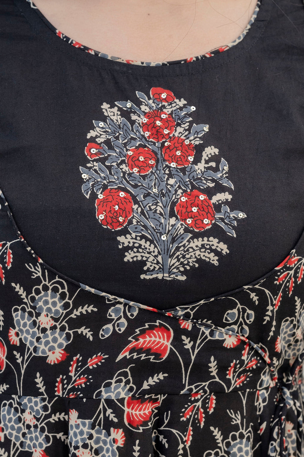 Embroidered & Floral Printed Anarkali Kurta With Pant & Dupatta, Black - Hiral Fashion | Grocsy