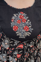 Embroidered & Floral Printed Anarkali Kurta With Pant & Dupatta, Black - Hiral Fashion | Grocsy