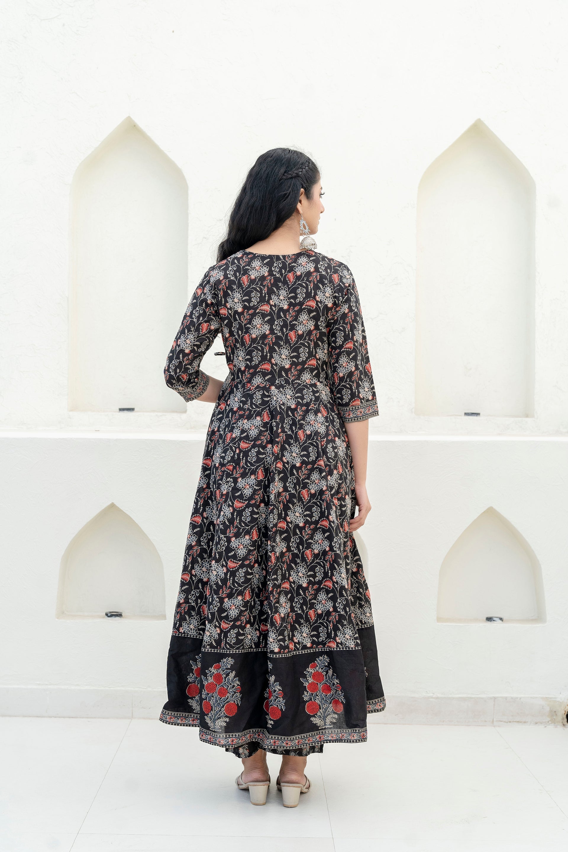 Embroidered & Floral Printed Anarkali Kurta With Pant & Dupatta, Black - Hiral Fashion | Grocsy