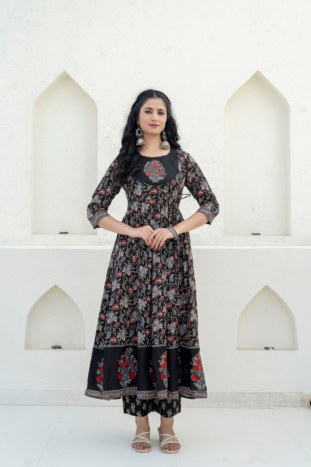 Embroidered & Floral Printed Anarkali Kurta With Pant & Dupatta, Black - Hiral Fashion | Grocsy